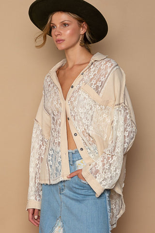 Hot Girl Oversized Floral Lace Boho Button-Down Shirt In Sand - Hot Girl Apparel