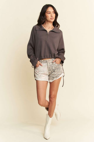 Hot Girl X Davi & Dani Drawstring Hem Half Zip Raglan Sleeve Sweatshirt In Brown