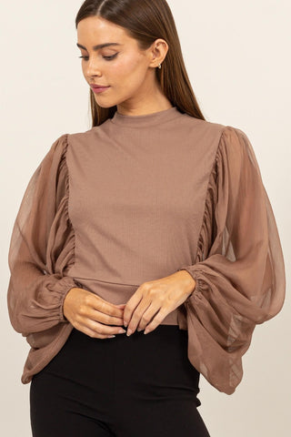 Hot Girl HYFVE Ruched Sheer Mock Neck In Mocha Short Sleeve Blouse