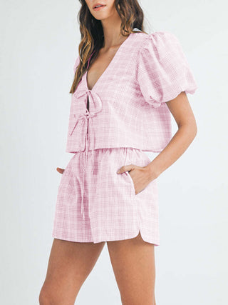 Hot Girl Pretty In Plaid Puff Sleeve Tied Top and Shorts Set