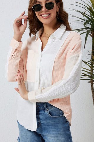 Hot Girl Color Block Button Up Cotton Long Sleeve Shirt In Peach