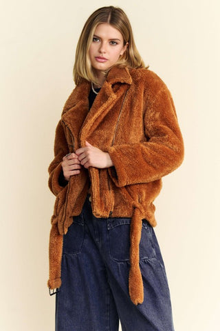 Hot Girl X Davi & Dani Fuzzy Zip Up Collared Neck Jacket In Camel