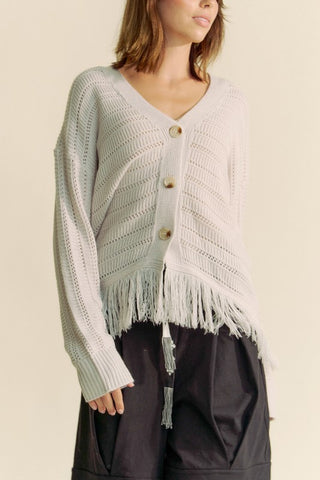 Hot Girl X Davi & Dani Fringe V-Neck Cardigan In Grey