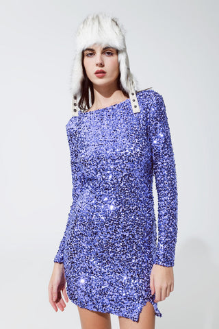 Hot Girl Starlet Embellished Sequin Long Sleeve Mini Dress in Lavender