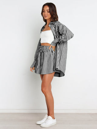 Hot Girl Striped Button Up Shoulder Shirt and Shorts Two Piece Set