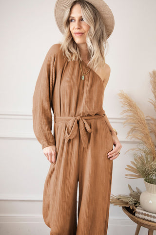 Hot Girl Textured One Shoulder Tie-Waist  Linen Jumpsuit In Honey - Hot Girl Apparel