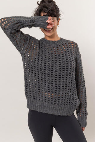 Hot Girl HYFVE Openwork Long Sleeve Knit Top In Charcoal