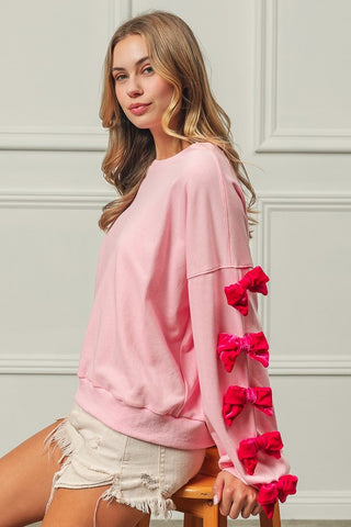 Hot Girl Velvet Ribbon Bows Sweatshirt In Pink