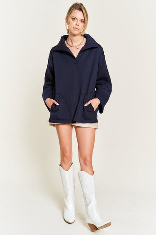 Hot Girl Johnny Collar Oversized Knit Poncho Sweatshirt In Navy