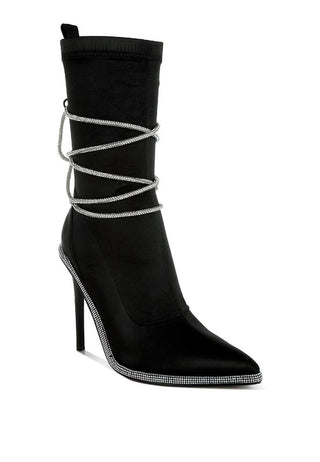 Hot Girl X London Rag Dacia Rhinestone Strap Satin Calf Boots