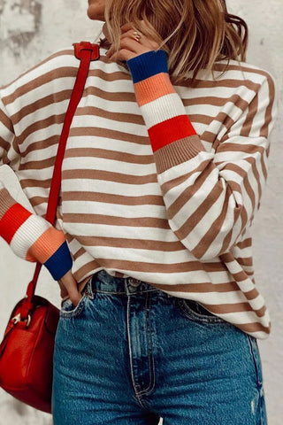 Hot Girl Striped Turtleneck Contrast Wrist Sweater