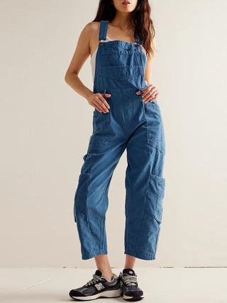 Hot Girl Pocketed Contrast Strap Denim Overalls