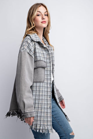 Hot Girl Tweed Mixed Denim Raw Hem Shacket