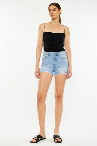 Hot Girl X Kancan Raw Hem Distressed High Waist Denim Shorts In Light Wash