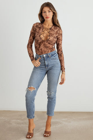 Hot Girl HERA Abstract Mesh Lace-Up Long Sleeve Bodysuit - Hot Girl Apparel