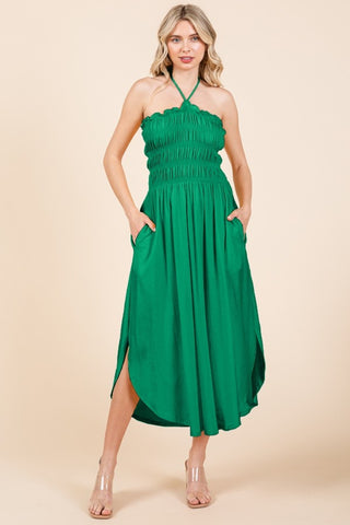 Hot Girl Culture Code Shirring Halter Midi Dress with Pockets In Green