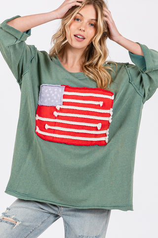 Hot Girl SAGE + FIG American Flag Open Stitch Cotton Long Sleeve T-Shirt In Green