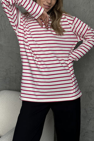 Hot Girl Striped Crewneck Cotton Long Sleeve Tee