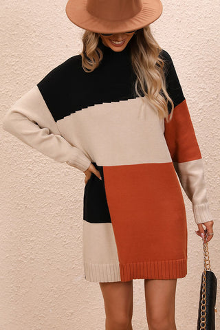 Hot Girl Color Block Mock Neck Mini Sweater Dress