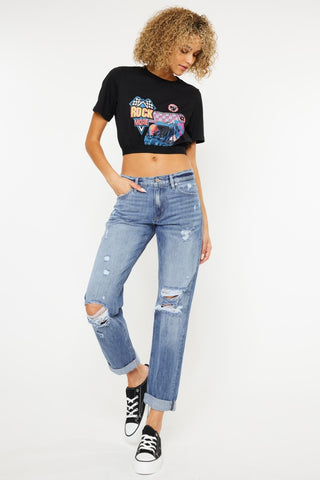 Hot Girl X Kancan Mid Rise Distressed Straight Jeans In Light Medium Wash