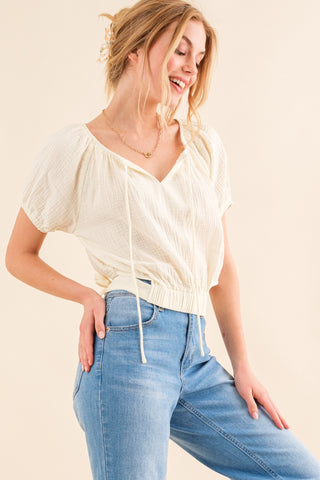 Hot Girl The Why Back Tie Cropped Blouse In Cream - Hot Girl Apparel