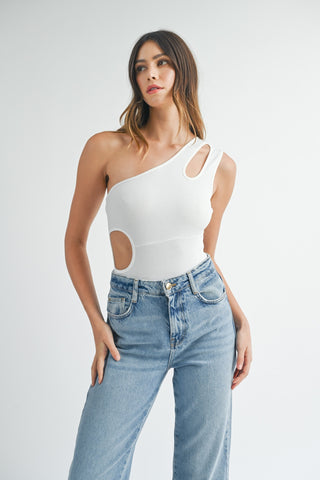 Hot Girl MABLE One Shoulder Ribbed Cutout Detail Bodysuit In White - Hot Girl Apparel