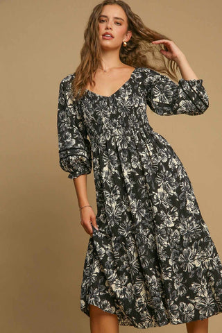 Hot Girl X Umgee Ruffle Hem Floral V-Neck Midi Dress In Black