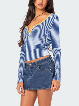 Hot Girl Striped Henley Long Sleeve T-Shirt