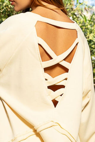 Hot Girl Back Cross Strap Detail Balloon Sleeve Sweatshirt In Cream