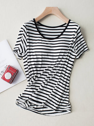 Hot Girl Striped Round Neck T-Shirt With Built In Bra Short Sleeve Tee