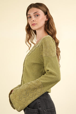 Hot Girl V-Neck Lace Detail Button Down Crop Ribbed Knit Long Sleeve Top In Olive