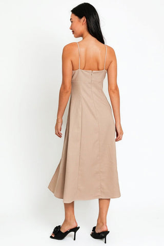 Hot Girl Tasha Flare Front Tie Slit Midi Dress In Beige - Hot Girl Apparel