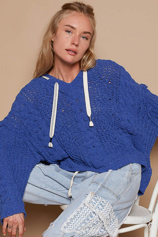 Hot Girl Cable Knit Hooded Chenille Sweater In Blue