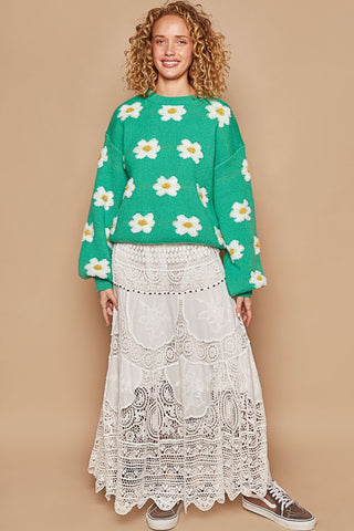 Hot Girl Daisy Pattern Drop Shoulder Sweater In Green