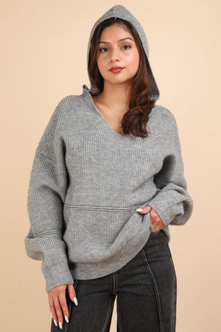 Hot Girl Like Home Seam Detail Cotton Hooded Sweater In Grey