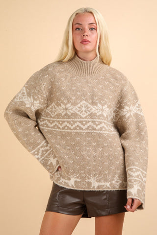 Hot Girl VERY J Christmas Fair Isle Mock Neck Sweater In Latte