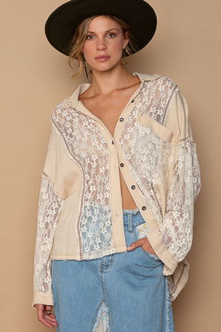 Hot Girl Oversized Floral Lace Boho Button-Down Shirt In Sand