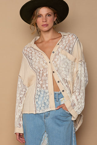 Hot Girl Oversized Floral Lace Boho Button-Down Shirt In Sand - Hot Girl Apparel