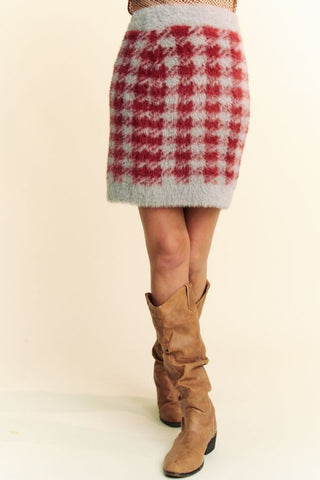 Hot Girl X Davi & Dani Scoop Neck Fuzzy Plaid Top and Skirt Sweater Set