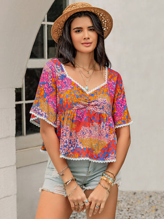 Hot Girl Ruched Printed Half Lace Trim Short Sleeve Blouse