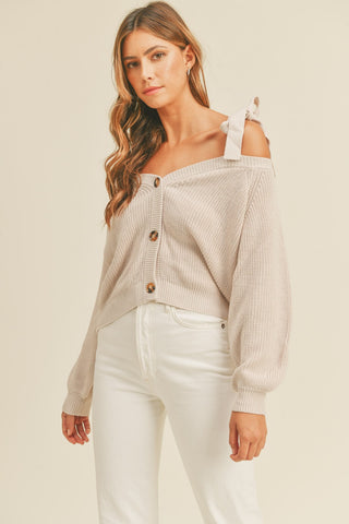 Hot Girl MABLE Off Shoulder Self Tie Strap Button Down Sweater