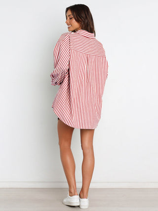 Hot Girl Striped Button Up Shoulder Shirt and Shorts Two Piece Set