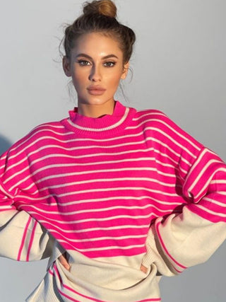 Hot Girl Cardona Contrast Striped Mock Neck Bell Sleeve Sweater