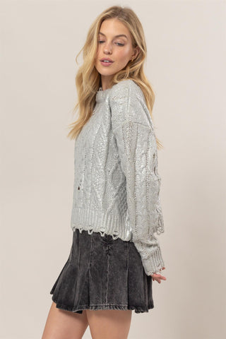 Hot Girl HYFVE Distressed Cable-Knit Metallic Sweater