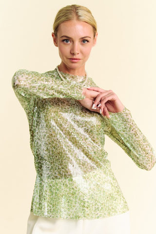 Hot Girl X Davi & Dani Sequined Mesh Mock Neck Long Sleeve Top In Sage