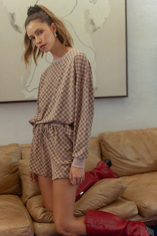 Hot Girl Annie Wear Checkered Top and Drawstring Short Lounge Set In Mocha