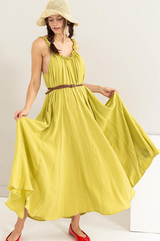 Hot Girl Frill Sleeveless A-Line Cotton Maxi Dress In Olive