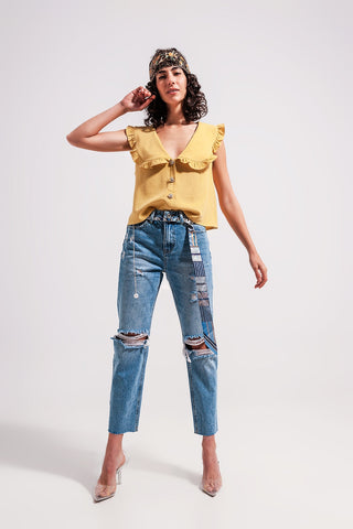 Hot Girl Rhinestone Button With Bib Collar Short Sleeve Crop Top In Yellow