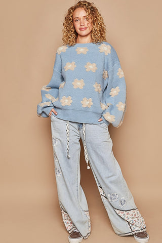 Hot Girl Daisy Drop Shoulder Sweater In Dusty Blue