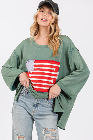 Hot Girl SAGE + FIG American Flag Open Stitch Cotton Long Sleeve T-Shirt In Green